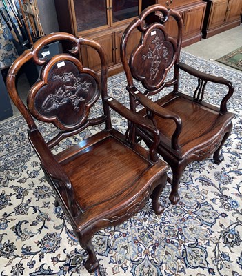 Lot 993A - A pair of Chinese darkwood armchairs, late...