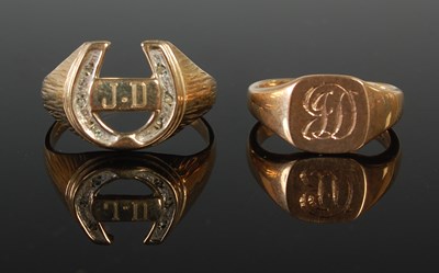 Lot 65 - Two 9ct gold signet rings, one engraved with...