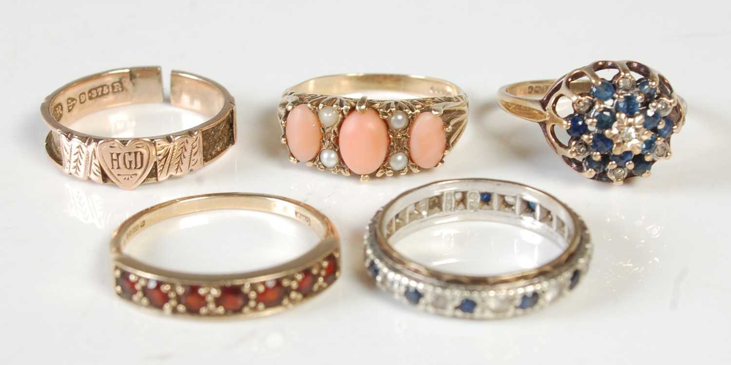 Lot 66 - A group of five assorted 9ct gold dress rings,...