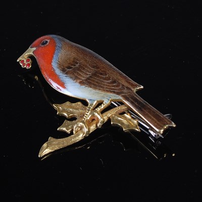 Lot 234 - An 18ct gold and enamel Robin brooch,...