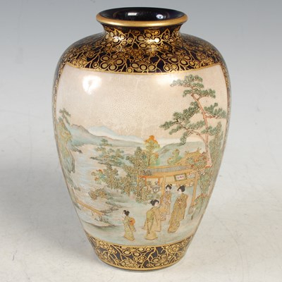 Lot 292 - A Japanese Satsuma pottery blue ground vase,...