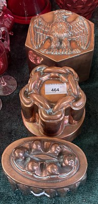 Lot 464 - Three vintage copper jelly moulds, the oval...