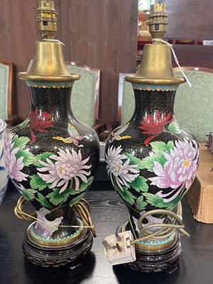Lot 483 - A pair of Chinese black ground cloisonne table...