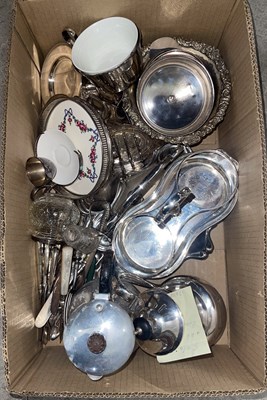Lot 597 - A box of assorted EP ware; cutlery; flatware;...