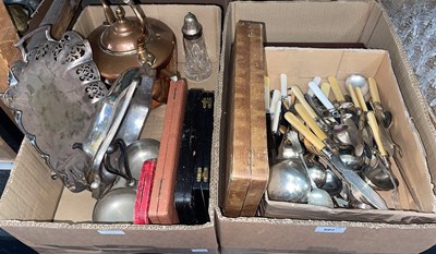 Lot 602 - Two boxes of assorted cased and loose cutlery...