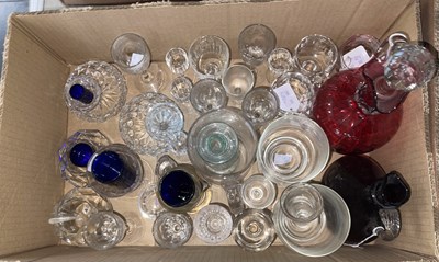 Lot 605 - A box of assorted clear and coloured glassware...