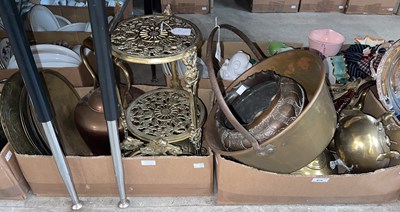 Lot 619 - Two boxes of assorted copper and brassware.