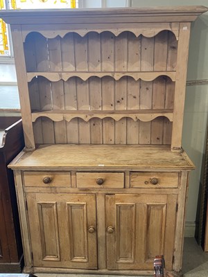 Lot 733 - A pine two part kitchen dresser, the upper...