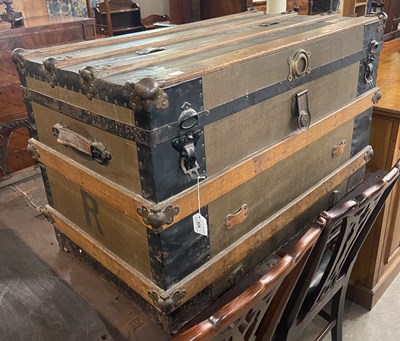 Lot 826 - A vintage canvas covered wood and metal bound...