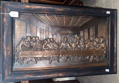 Lot 837 - A framed copper panel, cast in shallow relief...