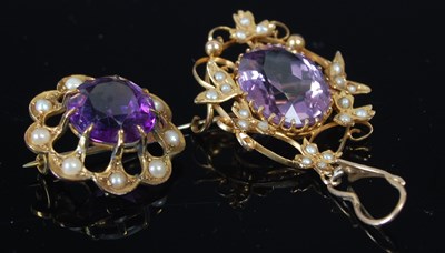 Lot 298A - Two yellow metal, split pearl and amethyst set...