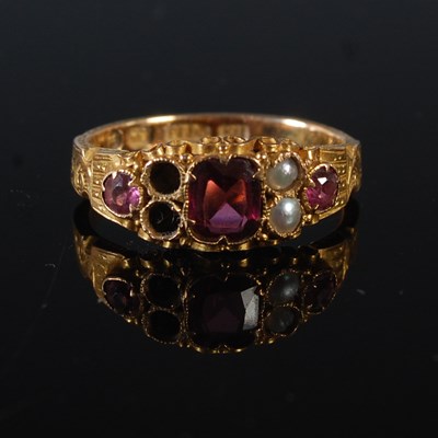 Lot 64 - A 15ct gold, garnet and split pearl dress ring,...