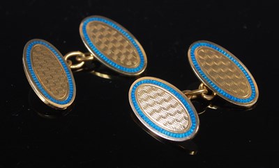 Lot 92 - A pair of 9ct gold and blue enamel oval...