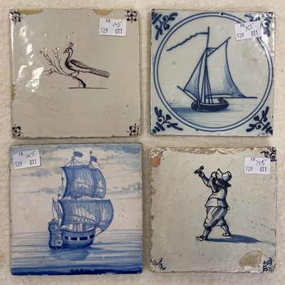 Lot 400 - Four assorted Delft pottery tiles, together...