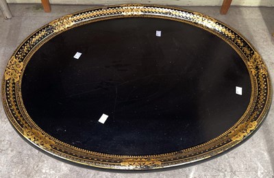 Lot 405 - A Victorian black lacquer papier-maché oval...