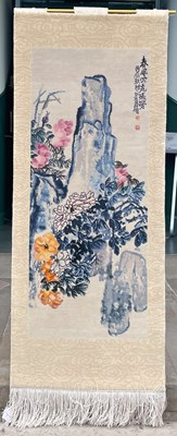 Lot 457 - A Chinese wall-hanging worked in pink, blue...