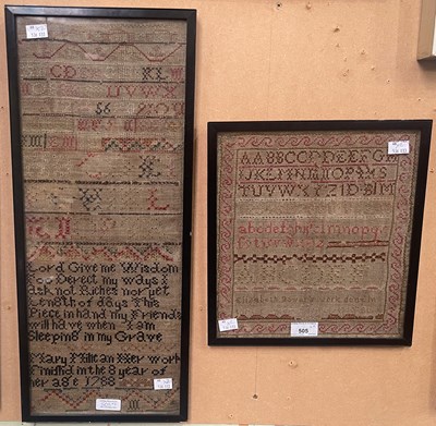 Lot 505 - Two Antique samplers, one worked in coloured...