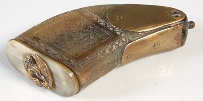 Lot 258D - An Antique brass mounted horn powder mull,...