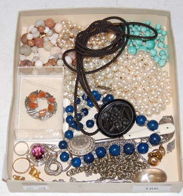 Lot 186 - A box of assorted costume jewellery to include...