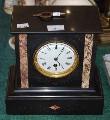 Lot 371 - A Victorian slate mantel clock with marble...