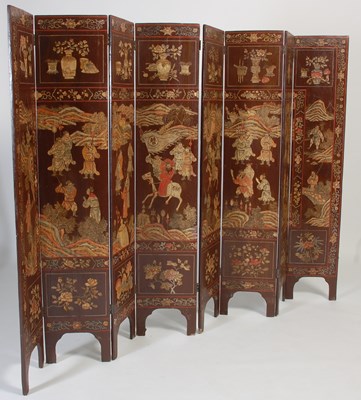 Lot 789 - An antique Chinese lacquer eight fold screen,...