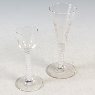 Lot 4 - Two antique opaque twist wine glasses, the...