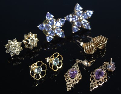 Lot 244 - Three pairs of assorted 9ct gold and gem set...