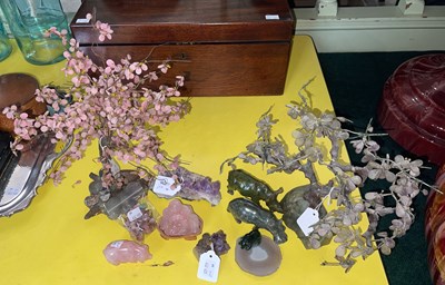 Lot 453 - Two hardstone trees; a rose quartz figure of...