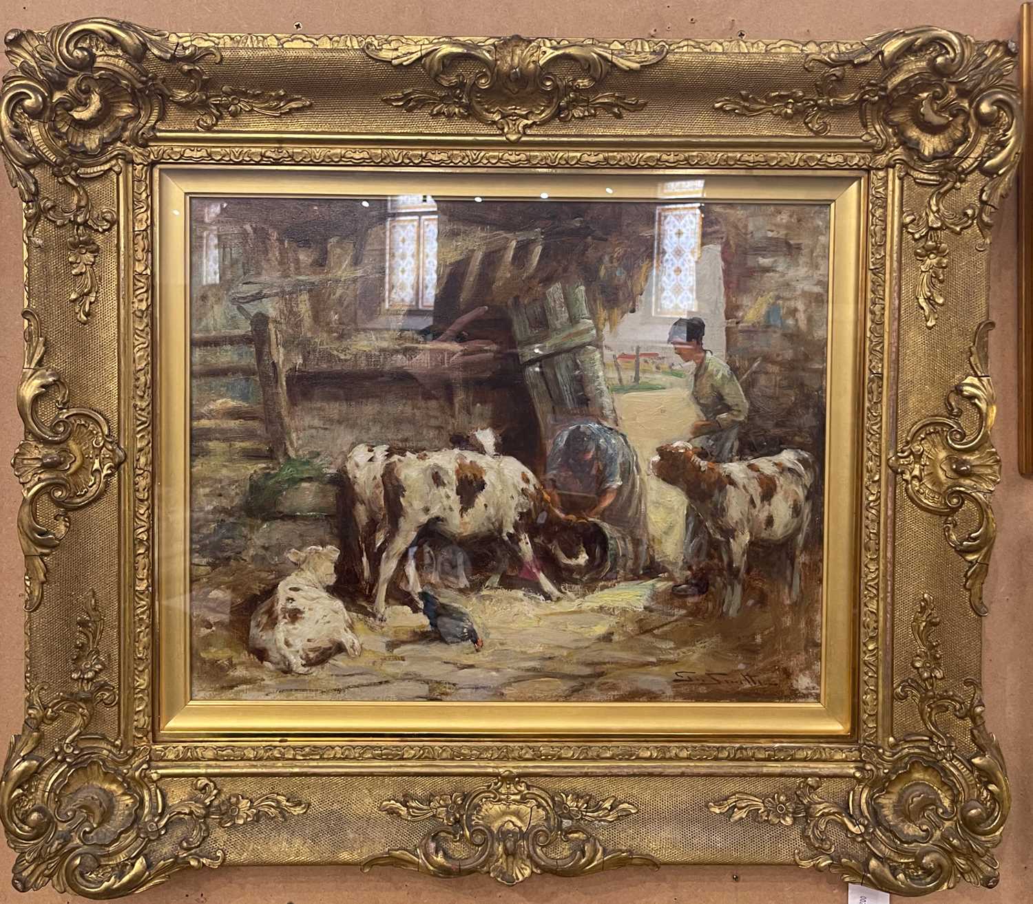 Lot 595 - George Smith RSA (1870-1934) Feeding cattle in...