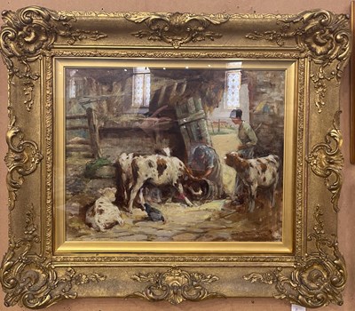 Lot 595 - George Smith RSA (1870-1934) Feeding cattle in...