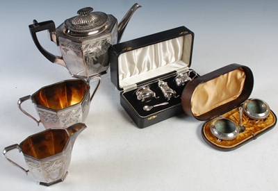 Lot 501 - A three piece EPNS tea set; together with a...