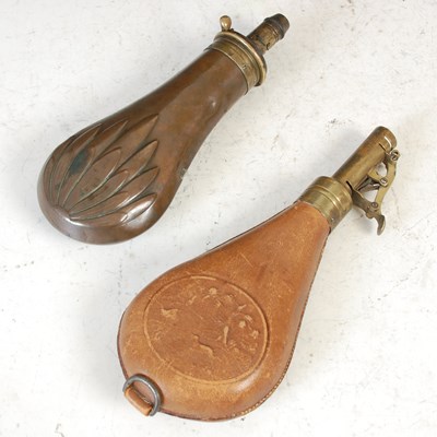 Lot 324 - A copper and brass powder flask together with...
