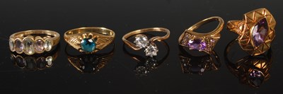 Lot 56 - Five assorted 9ct gold gem set dress rings,...