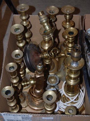 Lot 452 - Box - brass candlesticks, some have been...