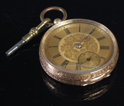 Lot 76 - A yellow metal open-faced pocketwatch, the...