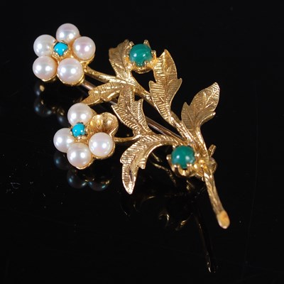 Lot 182 - A 9ct gold, pearl and turquoise flower spray...