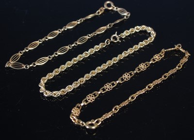 Lot 193 - Three assorted 9ct gold bracelets, 7.4 grams.