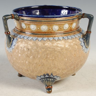 Lot 359 - A Doulton Stoneware three-handled cauldron pot,...