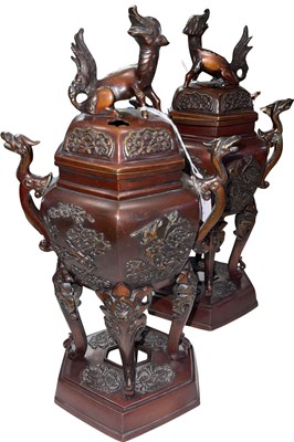 Lot 437 - A pair of Japanese bronze hexagonal shaped...