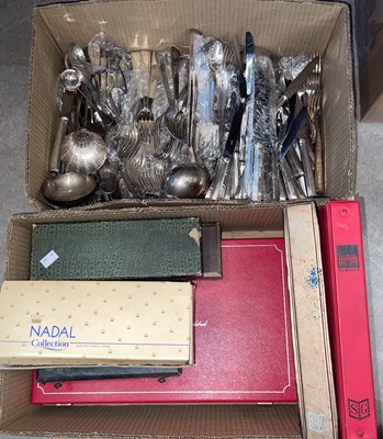 Lot 506 - Two boxes containing mainly assorted cutlery...