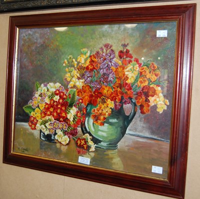 Lot 590 - P. Sykes, 'Spring Flowers', oil on board...