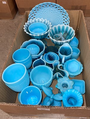 Lot 520 - Box of assorted opaque blue pressed glassware...
