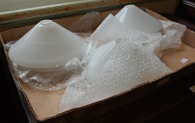 Lot 607 - Eight opaque white conical glass lamp shades,...