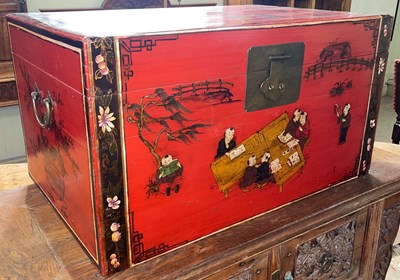 Lot 630 - A Chinese red lacquer and brass mounted...