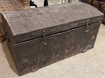Lot 674 - An antique Continental steel and leather bound...