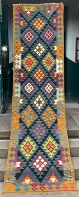 Lot 735 - A Maimana Kilim runner, the green ground...