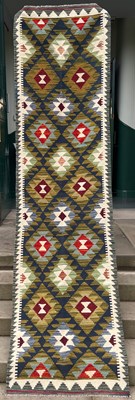 Lot 739 - A Maimana Kilim runner, the blue ground worked...