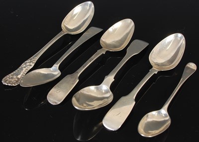 Lot 199 - Six various Scottish silver teaspoons: one...