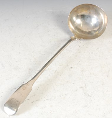 Lot 121 - A silver soup ladle, fiddle pattern, engraved...