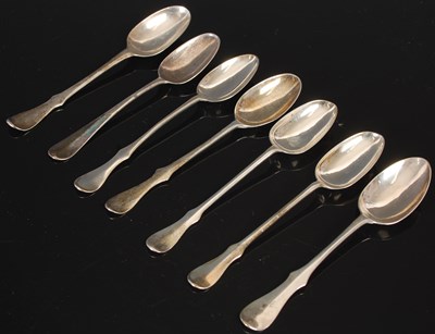 Lot 205 - Six silver Scots fiddle pattern teaspoons,...